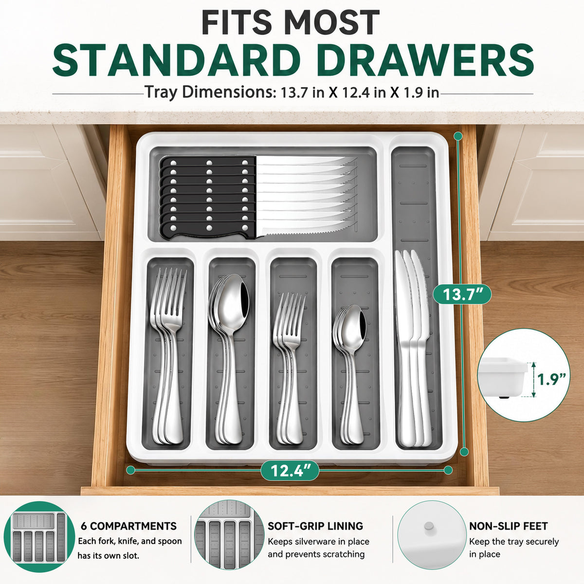 49-Piece Silverware Set with Organizer, Stainless Steel Flatware Utensils Set for 8, Forks and Spoons Silverware Set Cutlery Set with Steak Knives, Dishwasher Safe