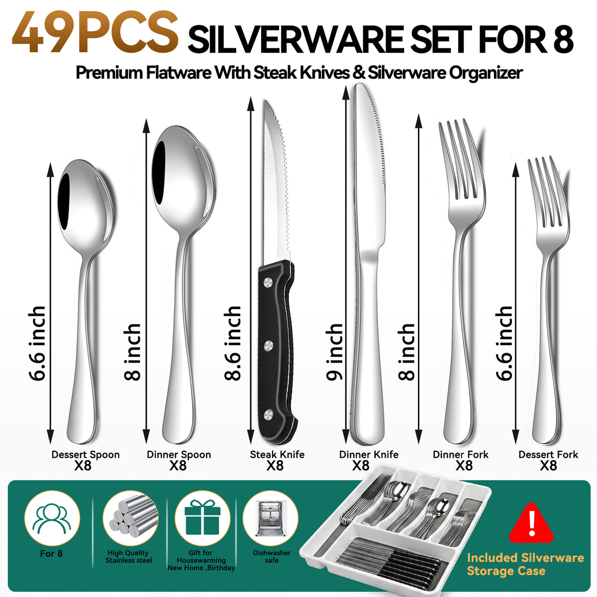 49-Piece Silverware Set with Organizer, Stainless Steel Flatware Utensils Set for 8, Forks and Spoons Silverware Set Cutlery Set with Steak Knives, Dishwasher Safe