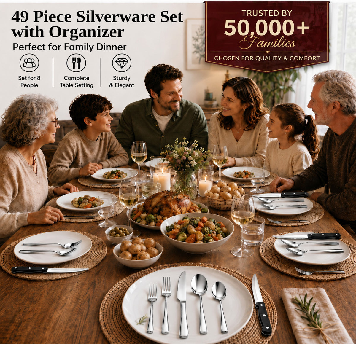 49-Piece Silverware Set with Organizer, Stainless Steel Flatware Utensils Set for 8, Forks and Spoons Silverware Set Cutlery Set with Steak Knives, Dishwasher Safe